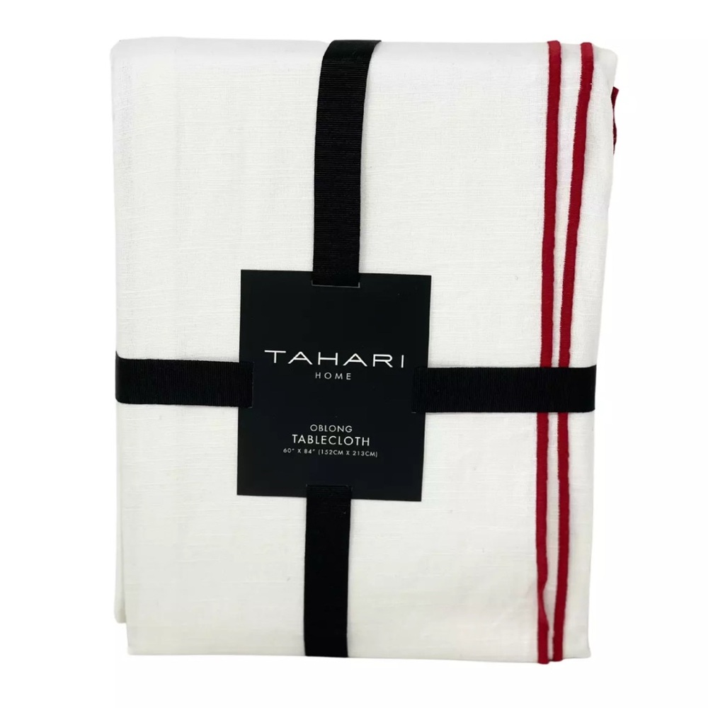 TAHARI 60" x 84" Christmas Holiday Red Embroidered Edge White Cotton Tablecloth
